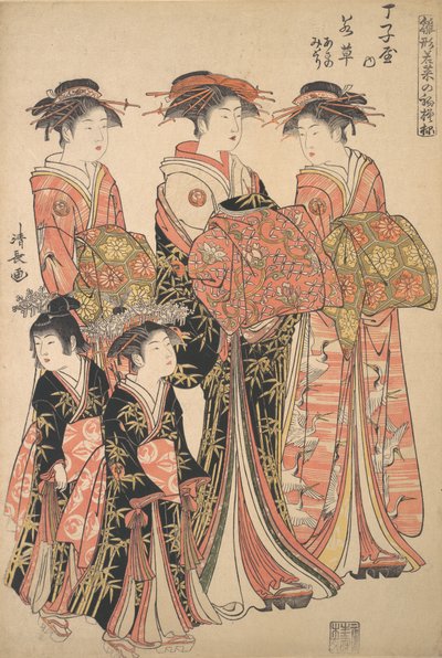 Chojiyan bordellin kurtisaani Wakakusa ja palvelijat Asano ja Midori, n. 1783. tekijältä Torii Kiyonaga