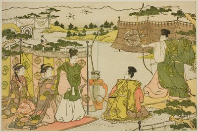 Uuden vuoden ensimmäinen jousiammuntaharjoitus (Yumi hajime), kuvitetusta kirjasta "Kolmioaamunkoiton värit (Saishiki mitsu no asa)" tekijältä Torii Kiyonaga