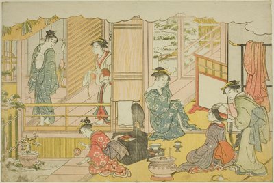 Uuden vuoden ensimmäinen kylpy (Yudono hajime), kuvitetusta kirjasta "Kolmioaamunkoiton värit (Saishiki mitsu no asa)" tekijältä Torii Kiyonaga