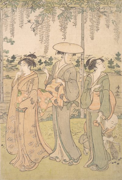 Kolme naista ja pieni poika Wisteria Arborin alla puron rannalla, n. 1790. tekijältä Torii Kiyonaga