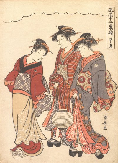 Kaksi geishaa edeltää lyhtyä kantava piika, n. 1778. tekijältä Torii Kiyonaga