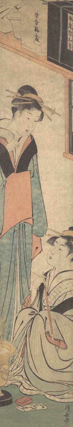 Kaksi tyttöä puhumassa lähellä Hibachin tulipataa, n. 1785. tekijältä Torii Kiyonaga