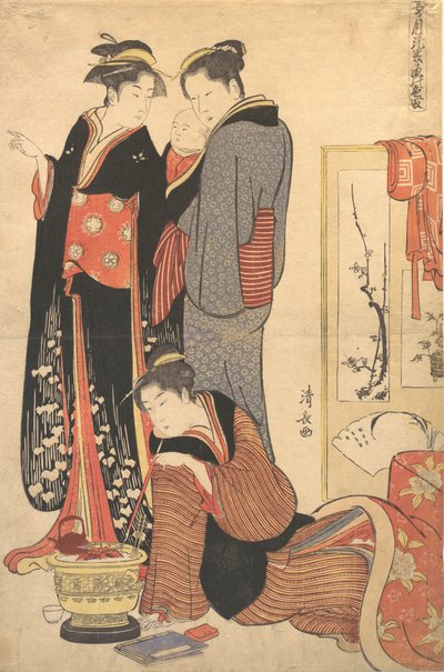 Kaksi naista seisomassa, pitelemässä lasta, n. 1785. tekijältä Torii Kiyonaga