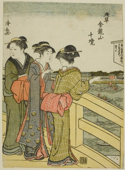 Näkymä Azuman sillalta, sarjasta "Kinryuzanin temppelin kymmenen aluetta Asakusassa (Asakusa Kinruzan jikkei)" tekijältä Torii Kiyonaga