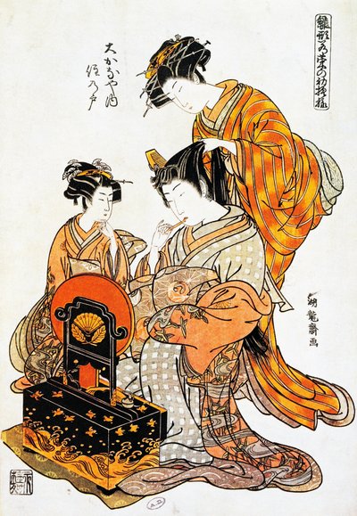Nainen peilin edessä kampaamassa hiuksiaan, Torii Kiyonagan (1751-1815) ukiyo-e-taideprintti, puupiirros, japanilainen sivilisaatio, Edo-kausi tekijältä Torii Kiyonaga