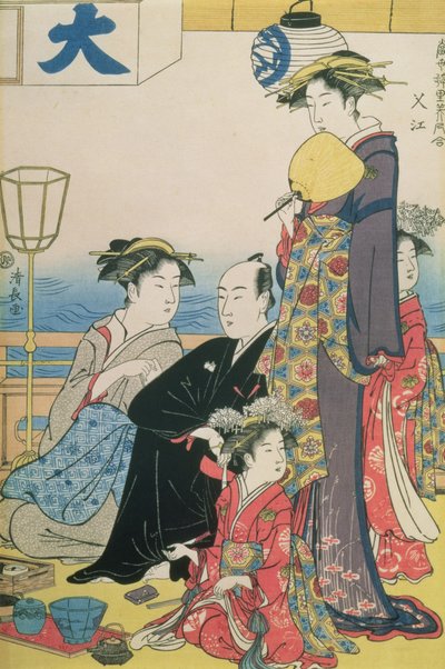Homokorttelin naiset, diptyykin oikea paneeli (värillinen puupainatus) (katso myös 114571) tekijältä Torii Kiyonaga