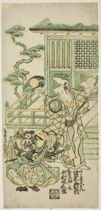 Näyttelijät Bando Hikosaburo I Araki Shozaemonina ja Nakamura Sukegoro I Daidoji Tahatanosukea näytelmässä "Chigozakura Futabajikki", joka esitettiin Ichimura-teatterissa kymmenennessä kuussa 1746 tekijältä Torii Kiyonobu II