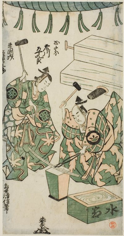 Näyttelijät Fujikawa Heikuro Masamuneena ja Matsushima Kichisaburo Rai Kunitsuguna näytelmässä "Shin Usuyuki Monogatari", joka esitettiin Nakamura-teatterissa kuudennessa kuussa 1746 tekijältä Torii Kiyonobu II