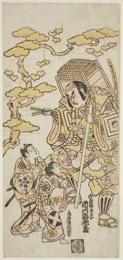 Näyttelijät Ichikawa Ebizo II Musashibo Benkeina, Sakata Shintaro (?) Soga no Gorona ja Takigawa Kinya (?) Soga no Jurona näytelmässä "Sazareishi Suehiro Genji", joka esitettiin Nakamura-teatterissa ensimmäisen kuukauden aikana vuonna 1744. tekijältä Torii Kiyonobu II