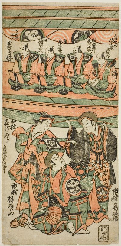 Näyttelijät Ichimura Uzaemon VIII, Ichimura Kamezo I Wankyuna ja Nakamura Kiyosaburo I Matsuyamana näytelmässä "Mitsugimono Irifune Nagoya", joka esitettiin Ichimura-teatterissa seitsemäntenä kuukautena 1750. tekijältä Torii Kiyonobu II