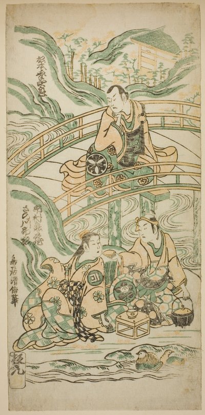 Näyttelijät Matsumoto Koshiro II Kumasaka Chohanina, Ichimura Kamezo I Ise no Saburona ja Sanogawa Ichimatsu I Ushiwakamaruna näytelmässä "Hatsu Tora Kurama Genji", joka esitettiin Ichimura-teatterissa ensimmäisen kuukauden aikana, 1749. tekijältä Torii Kiyonobu II
