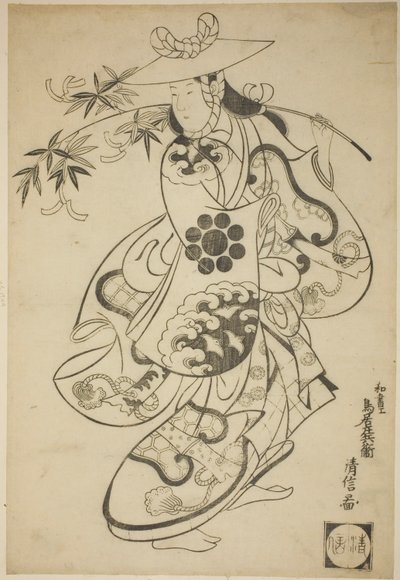 Sawamura Kodenji I Tsuyu no Maena näytelmässä "Kanto Koroku", joka esitettiin Nakamura-teatterissa vuoden 1698 kolmannella kuukaudella (?) tekijältä Torii Kiyonobu I