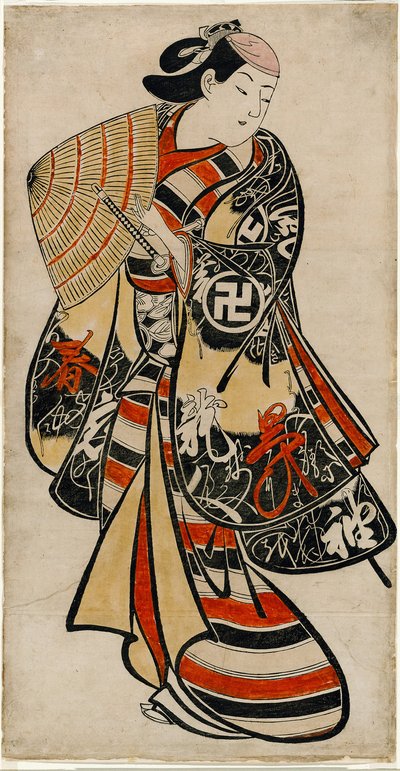 Näyttelijä Takii Hannosuke naisellisena nuorukaisena, noin 1707 (käsin värjätty puupiirros; tan-e, pystysuora o-oban). tekijältä Torii Kiyonobu I