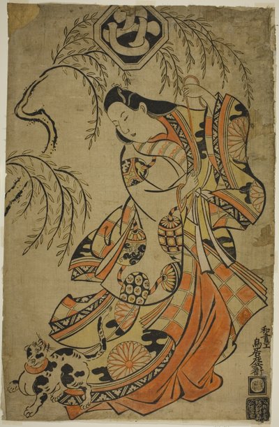 Näyttelijä Uemura Kichisaburo kolmantena prinsessana näytelmässä Wakoku Gosuiden, joka esitettiin Morita-teatterissa kolmannella kuukaudella, 1700 tekijältä Torii Kiyonobu I