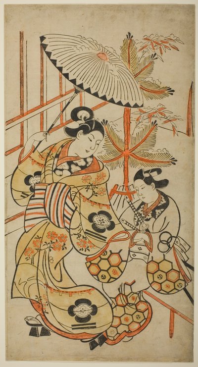 Näyttelijät Matsumoto Hyozo kurtisaanina ja Nakagawa Hanzaburo nuorena miehenä tekijältä Torii Kiyonobu I