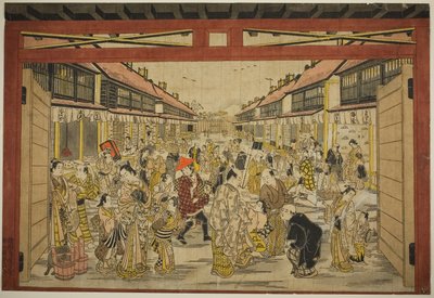 Uuden Yoshiwaran pääportti, n.1745 (käsin värjätty puupiirros; toku-oban yoko-e, beni-e). tekijältä Torii Kiyotada