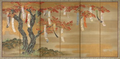 Kukkivat kirsikka- ja syysvaahterat runolipukkeilla, 1654-81 tekijältä Tosa Mitsuoki