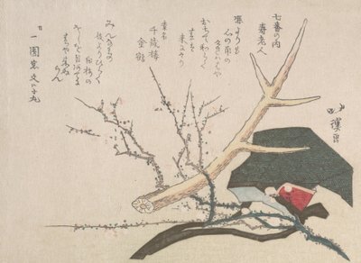 Hattu, Hirvensarvi ja Luumun oksa, joka edustaa Jurojinia, elämän jumalaa, 1800-luku. tekijältä Totoya Hokkei