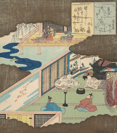 Palatsin sisätilat, joissa aateliset keskustelevat, n. 1820. tekijältä Totoya Hokkei