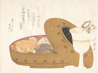 Viinipikari ja lakkaruokalaatikko uudenvuoden aterialla, 1811. tekijältä Totoya Hokkei
