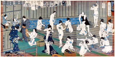 Kylpyhuonekohtaus, Toyohara Kunichikan vedos, 1800-luku tekijältä Toyohara Kunichika
