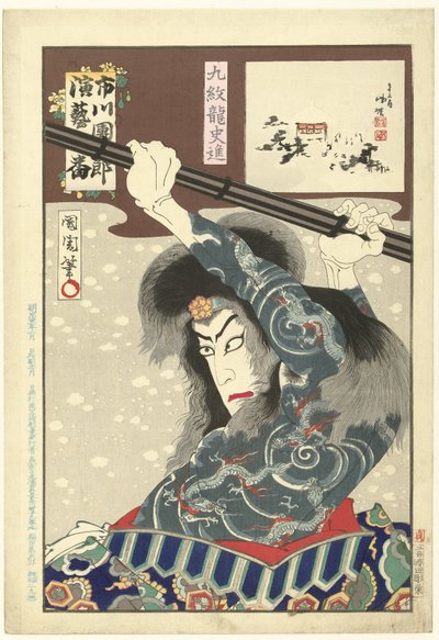 Ichikawa Danjuro IX hahmona Kyumonryo Shishin Kyumonryo Shishin (otsikko esineessä) Honderd rollen van Ichikawa Danjuro IX (sarjan nimi) Ichikawa Danjuro engei hyakuban (sarjan nimi esineessä) tekijältä Toyohara Kunichika