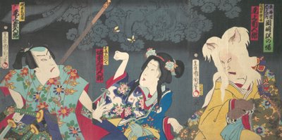 Onoe Kikukoro V As Otowa Family Neko no Ie ght, Band Mitsukoro I V Asho Mutsusen t. . . , 1870. tekijältä Toyohara Kunichika