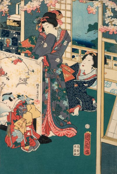 Kevätretki huvilan diptyykissä: Naiset sisätiloissa tekijältä Toyohara Kunichika