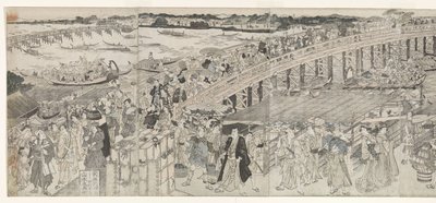 Näkymä: Nautitaan iltatuulesta Ryogokun sillalla tekijältä Toyokuni (II) , Utagawa