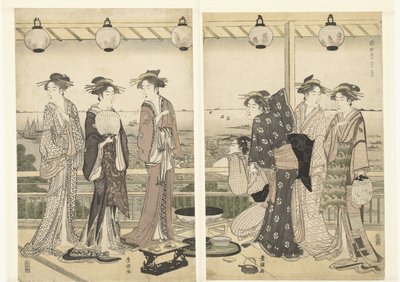 Kesäinen kohtaus Natsu kei (otsikko esineessä) The Four Seasons in the South (sarjan nimi) Minami shiki (sarjan nimi esineellä) tekijältä Toyokuni (II) , Utagawa
