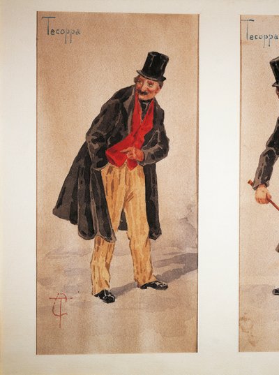 Milanolaisen näyttelijän Edoardo Ferravillan vuonna 1874 luoma Tecoppa-hahmo, Tranquillo Cremonan akvarelli tekijältä Tranquillo Cremona