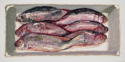 Kalalaatikko 1 (Billingsgate, Lontoo), 2016 (öljy kartongille) tekijältä Trevor Burgess