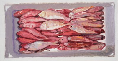 Kalalaatikko 4 (Billingsgate, Lontoo), 2016 (öljy kartongille) tekijältä Trevor Burgess