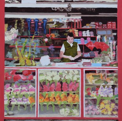 Kukkakioski (Bogotá, Kolumbia), 2016 (öljy kartongille) tekijältä Trevor Burgess