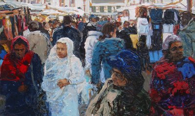 Market shoppers (Ridley Road, Lontoo), 2011 (öljy kankaalle) tekijältä Trevor Burgess
