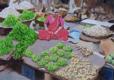Chiliä ja inkivääriä myymässä (Thane, Mumbai), 2016 (öljy kankaalle) tekijältä Trevor Burgess