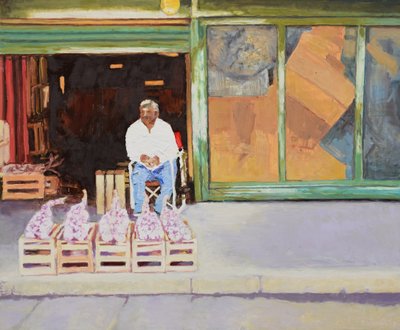 Valkosipulin myynti (San Juan, Argentiina), 2016 (öljy laudalle) tekijältä Trevor Burgess