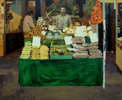 Kasviskioski (Deptford, Lontoo), 2009 (öljy kartongille) tekijältä Trevor Burgess