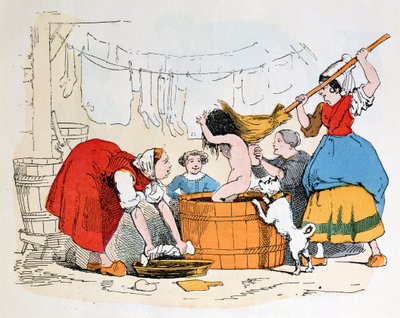 Pakollinen kylpy, kuvitus elokuvalle "Les Defauts Horribles", n. 1860 tekijältä Trim