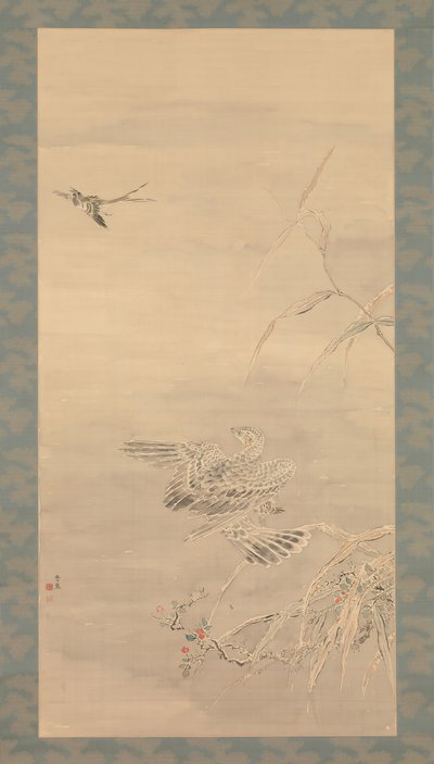 Haukka tarttumassa pieneen lintuun, 1800-luku. tekijältä Tsubaki Chinzan