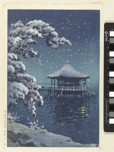 Kelluva paviljonki Katadassa lumessa Yuki no Katada Ukimido (otsikko esineessä) tekijältä Tsuchiya Kōitsu