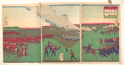 Illustration von Kavallerie, Infanterie und Soldaten im Rückzug tekijältä Tsukioka Yoshitoshi
