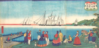 Kuva suuresta ranskalaisesta satamakaupankäynnistä monien kansakuntien kanssa Furansukoku oomi..., 4. kuukausi, 1866. tekijältä Tsukioka Yoshitoshi