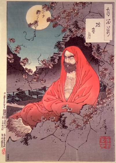 Meditaatio kuutamossa, (värillinen puupainatus) tekijältä Tsukioka Yoshitoshi