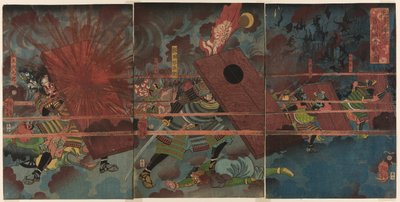Taistelu Jinjussa Masakiyon Korean valloituksen aikana (Masakiyo Sankan taiji, Shinshujo kassen no zu) tekijältä Tsukioka Yoshitoshi