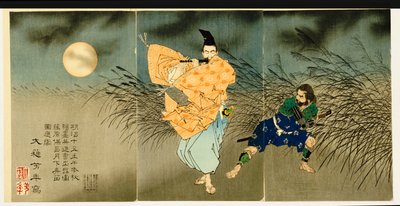 Triptyykki teoksesta "Fujiwara No Yasumasa Playing the Flute by Moonlight", 1883 tekijältä Tsukioka Yoshitoshi
