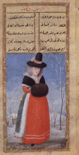 Hollantilainen nainen talviasussa, Fazil Husayn Andaruni, tai 7094 f.44, 1700-luvun loppu tekijältä Turkish School