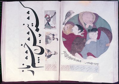 Albumi 2160 Ihmisiä nukkumassa ja kalligrafiaa, miniatyyrialbumista, 1200-1400 tekijältä Turkish School