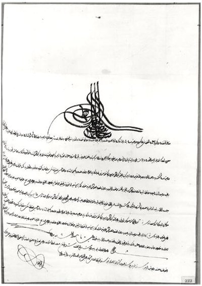 Rene de Chateaubriandille (1768-1848) sulttaani Selim III:n (1761-1808) 14. - 23. syyskuuta 1806 antama asiakirja turvallista kulkua varten (kynä ja muste paperille) tekijältä Turkish School