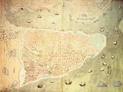 H 1523 fol.158v-159r Näkymä Istanbulista ja Bosporinsalmesta, Lokmanin Hunername-kirjoituksesta, 1558 (kynä, mustetta ja guassi paperilla) (katso yksityiskohdat 181495) tekijältä Turkish School